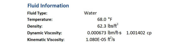 Fluid type, temperature, density, dynamic viscosity, kinematic viscosity