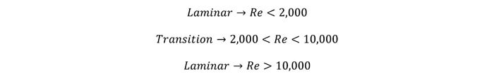 Reynolds number ranges for laminar and turbulent flow